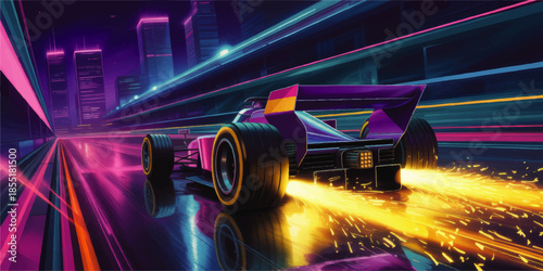 Futuristic neon Formula race car speed trail in cyberpunk city at night, glowing lights and motion blur digital illustration