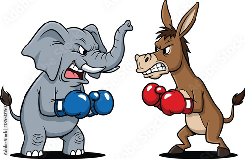 Cartoon elephant vs donkey boxing match symbolizing political rivalry, expressive animal characters, flat vector illustration