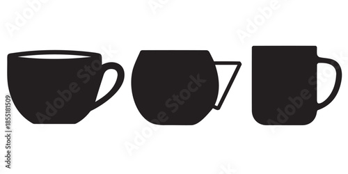 Silhouettes of three coffee mugs in different orientations