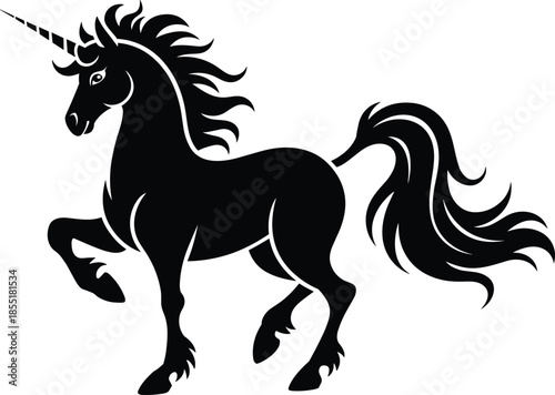 Elegant black unicorn silhouette with flowing mane and raised leg, ideal for fantasy design, magical illustrations, and mythical creature artwork
