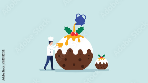 Flat design illustration of a tiny chef character decorating a giant traditional Christmas pudding with sauce and holly garnish.