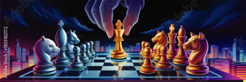 Strategic chess game in futuristic neon city skyline, glowing gold king move, business leadership and competitive decision concept