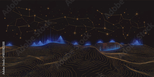 Futuristic neon pyramids in glowing desert landscape under star constellation sky, digital abstract sci fi night illustration