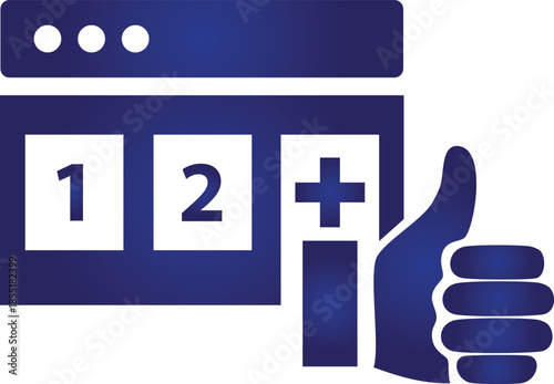 A striking blue graphic depicting a calendar with numbered days a plus symbol and a thumbs up on transparent background