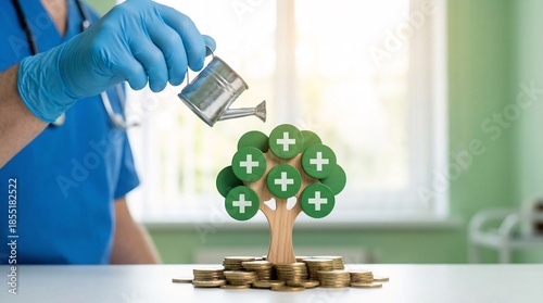 Growing Healthcare Value Concept: Medical Professional Hand Watering Tree with Plus Sign Leaves Rooted in Stack of Gold Coins