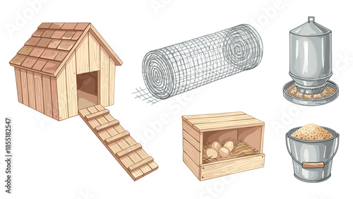Collection of colorful illustrations related to poultry farming, including a chicken coop, nesting box, feeder, and wire fence.