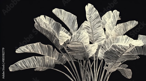Black and white drawing of a bunch of leaves with a white background. The leaves are thin and elongated
