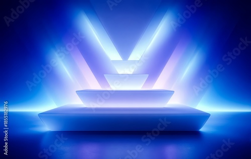 Blue stage with a white staircase. The staircase is lit up and the stage is empty