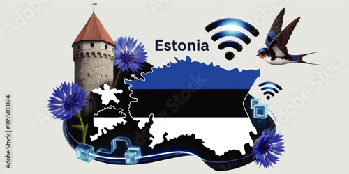 Estonia digital nation illustration with map flag WiFi icons Tallinn tower swallow bird and blue cornflower flowers