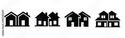 duplex house silhouette icon set, black color and white background