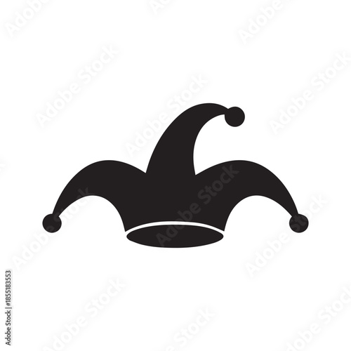 A black silhouette of a classic jester hat with three points and dangling pom poms isolated on a white background