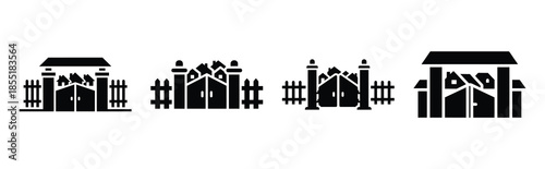 gated community silhouette icon set, black color and white background