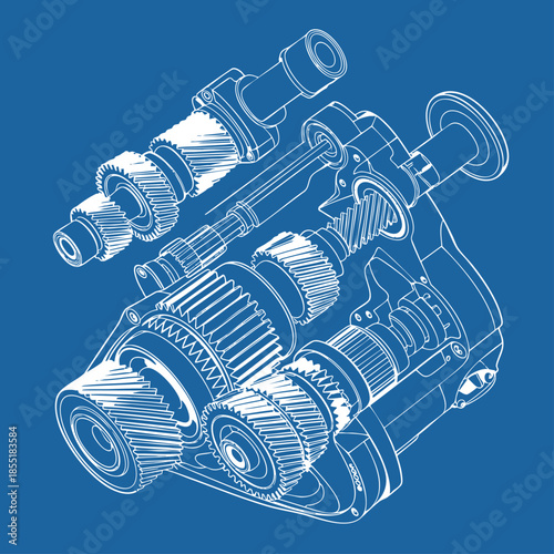 Technical blueprint illustration of mechanical gearbox with detailed gears and engineering components on blue background for industry design