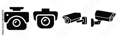 home security camera silhouette icon set, black color and white background