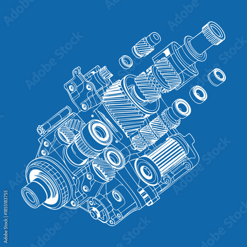 Technical blueprint of exploded gearbox mechanism with gears and bearings on blue engineering background, mechanical vector illustration