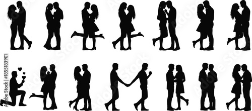 Romantic couple silhouettes, expressing love intimacy proposal dancing kissing relationship icons isolated on white background for modern design usage branding