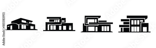 modern villa silhouette icon set, black color and white background