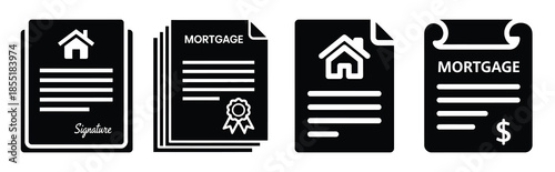 mortgage contract silhouette icon set, black color and white background