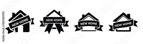 new home ribbon silhouette icon set, black color and white background