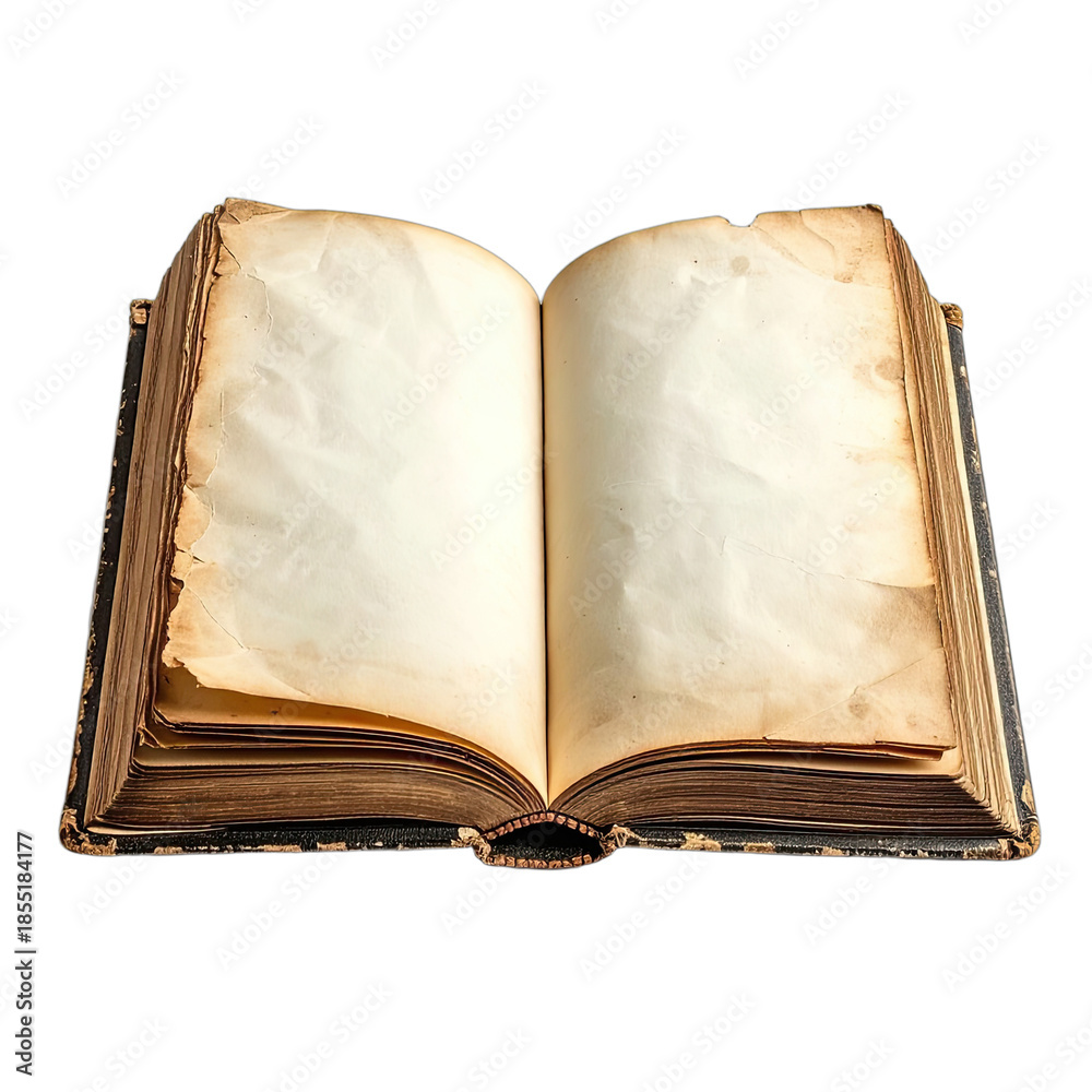 Fototapeta premium An antique, open book with blank, aged pages against a black background.