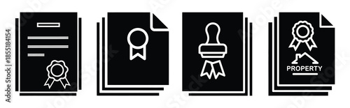 property legal document silhouette icon set, black color and white background