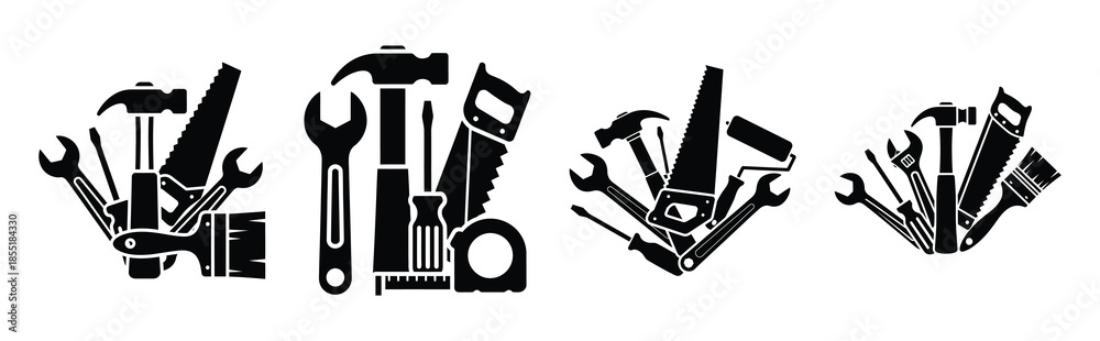 Εκτύπωση καμβά property renovation tools silhouette icon set, black color and white background