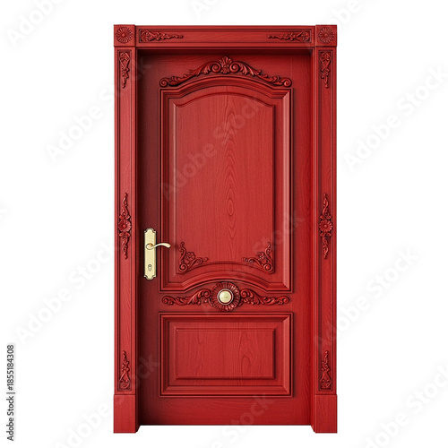 classic red door with ornate trim on a white background	