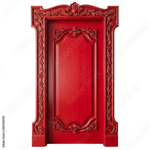 classic red door with ornate trim on a white background	