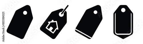 property price tag silhouette icon set, black color and white background