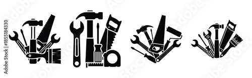 property renovation tools silhouette icon set, black color and white background