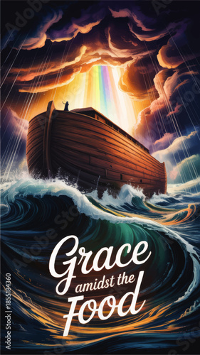 Dramatic Noah’s Ark illustration in stormy ocean waves with rainbow light beam and inspirational Christian typography