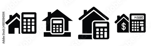 property tax calculator silhouette icon set, black color and white background