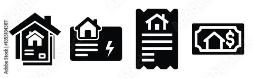 property utility bill silhouette icon set, black color and white background