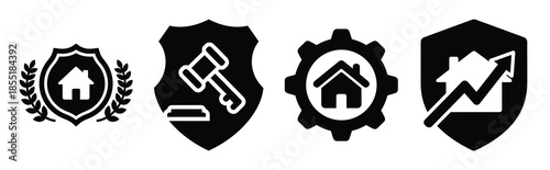 property valuation badge silhouette icon set, black color and white background