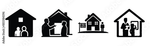 property viewing silhouette icon set, black color and white background