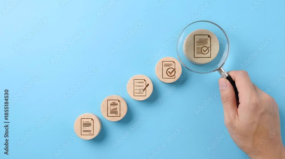 Fototapeta premium Hand,holding,magnifying,glass,over,wooden,blocks,showing,step,by,step,document,approval,process,icons,business,compliance,and,quality,control,concept,on,blue,background,with,checked,files.