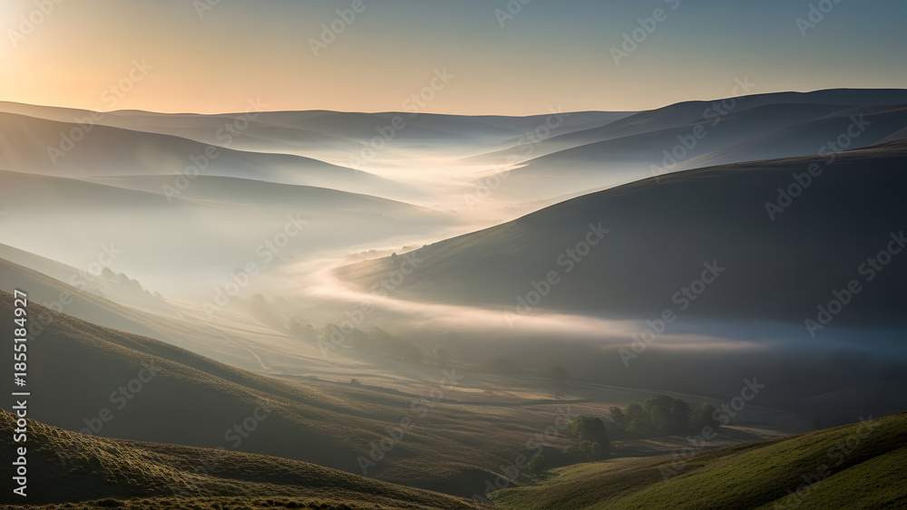 Fototapeta premium Misty Valley Landscape at Sunrise