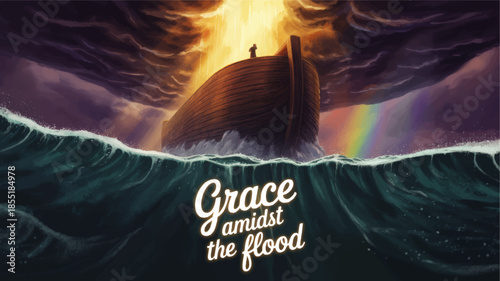 Dramatic Noah’s Ark illustration with stormy ocean waves, rainbow covenant light and inspiring Christian typography