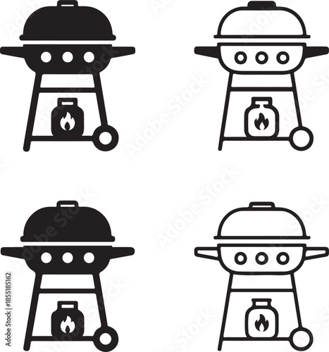 Gas Grill Silhouette, gas powered barbecue, modern cooking vector, black silhouette, outline filled, isolated white background, minimal icon, party grilling