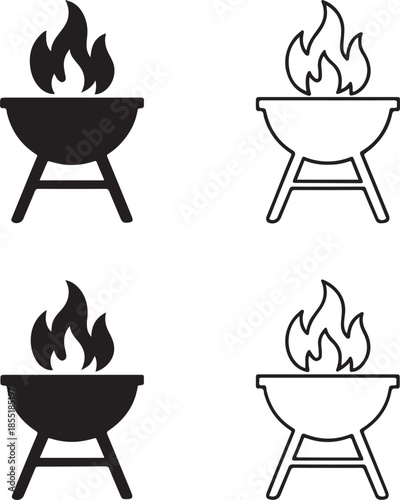 Charcoal Grill Silhouette, charcoal barbecue grill, flames cooking vector, black silhouette, outline filled, isolated white background, minimal icon, backyard grill