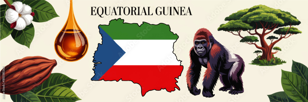 Fototapeta premium Equatorial Guinea vector illustration with flag map, gorilla, cocoa, palm oil drop, tropical rainforest tree and botanical elements