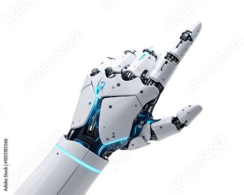 White cyborg robotic hand pointing his finger, trying to reach something. Isolated on 