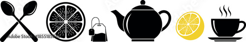 Black Silhouette Icons of Tea Service Set with Teapot Cup Tea Bag and Lemon
