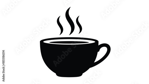 A simple black and white illustration of a steaming hot cup of coffee