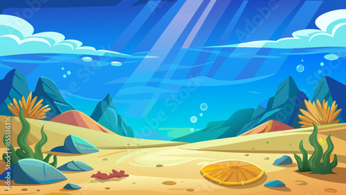 Underwater Scene with Sunbeams, Coral, and Shells - A Peaceful Ocean Backdrop