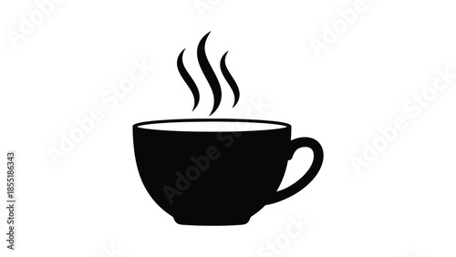 A simple black and white illustration of a steaming cup of coffee