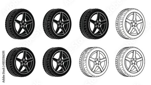 A collection of automotive tires in various styles and perspectives displayed