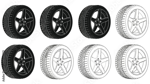 A collection of vehicle tires shown in varying shades and perspectives
