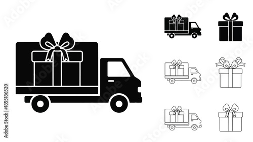 Delivery truck carrying gifts and individual gift box icons illustrated