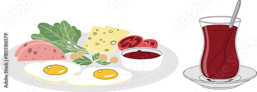 Vector Illustration of Traditional Breakfast Plate with Fried Eggs Cheese Ham and Turkish Tea